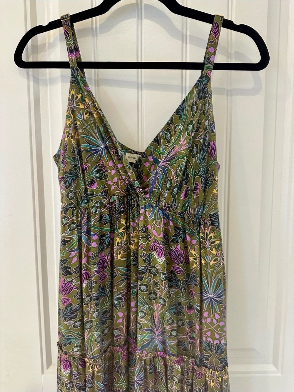 NATURAL LIFE Olive Floral Maxi Dress with Purple & Blue Accents